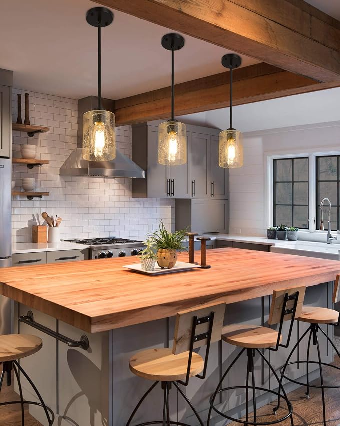 Beionxii Pendant Lights Kitchen Island, Farmhouse Pendant Light, 2 Pack | 4.7" Seeded Glass Pendant Light Fixture, Dark Bronze Finish, Hanging Light Fixtures for Kitchen Island Dining Room,9002-1H-2P