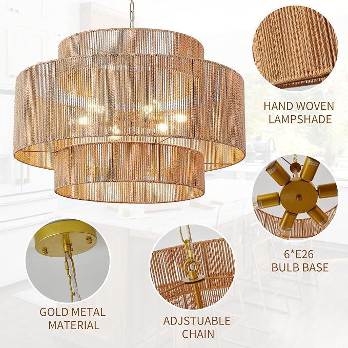 30.7in Large Rattan Chandeliers, 3-Tier Woven Boho Pendant Lights, Hemp Rope Hanging Ceiling Light, Wicker Lighting Fixture for Living Room, Dining Room, Bedroom, Kitchen Island
