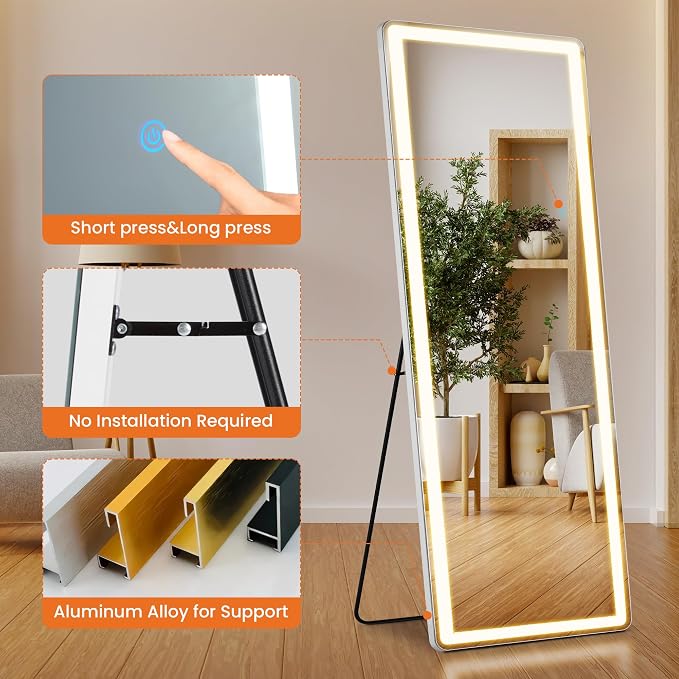 LED Full Length Mirror 71x26 Inch, Lighted Floor Body Mirror with Stand | Tall Arch Aluminum Frame Mirrors with Dimmable 3 Color Lighting, Hanging Mounted Mirrors for Living Room, Bedroom, Cloakroom