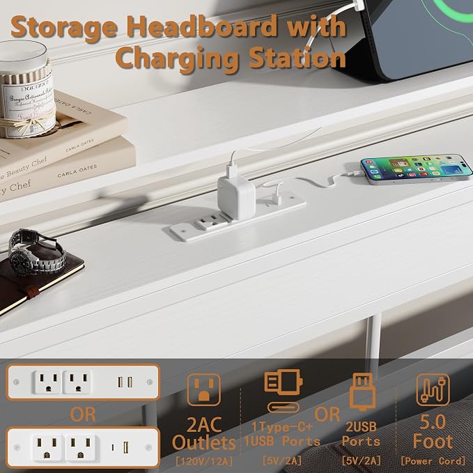 Twin Bed Frames with Storage Headboard, Charger & RGB LED, White | 2-Tier Shelves, Sturdy Metal Slats, Noise-Free, No Box Spring. USB & Type-C Ports, 700lbs Capacity. 12.6" Under-Bed Storage.