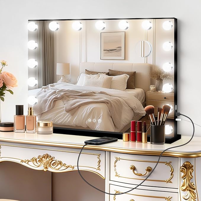 Moonee Vanity Mirror with Lights, Black Hollywood Lighted Makeup Mirror with 17 Dimmable Bulbs and 10X Magnification, 3 Colors Modes, Aluminum Metal Frame, Light Up Mirror for Tabletop/Wall（28" x 20"）