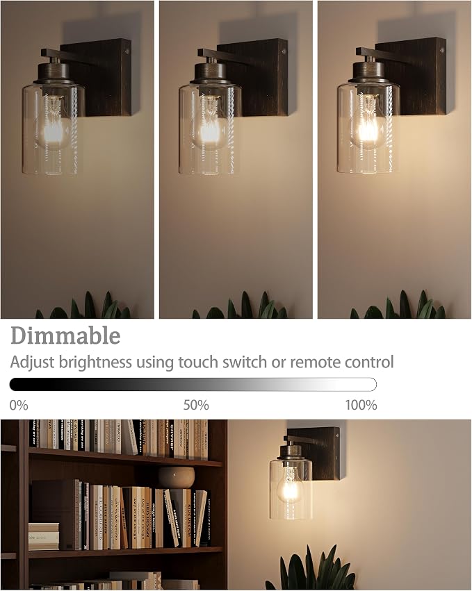Rayogale Wireless Battery Operated Wall Sconce Set of 2 with Remote Control | Retro Industrial Black Brass Dimmable Easy Install Rechargeable Wall Light with Timer for Living Room Bedroom Emergency 3000K