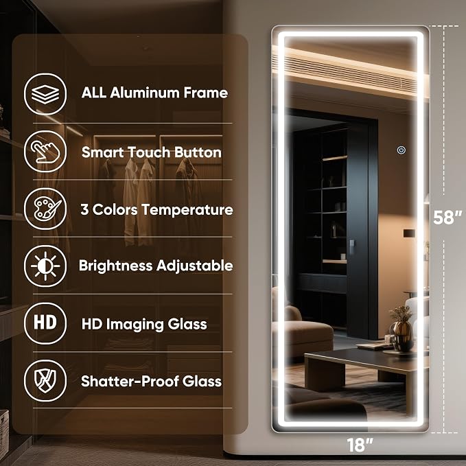 Antok LED Full Length Mirror with Light, 58"x18" Lighted Full Body Mirror with Stand, Dimmable & 3 Color Lighting Standing/Leaning/Wall Mounted Vanity Mirror for Bedroom Cloakroom Livingroom(Rect)