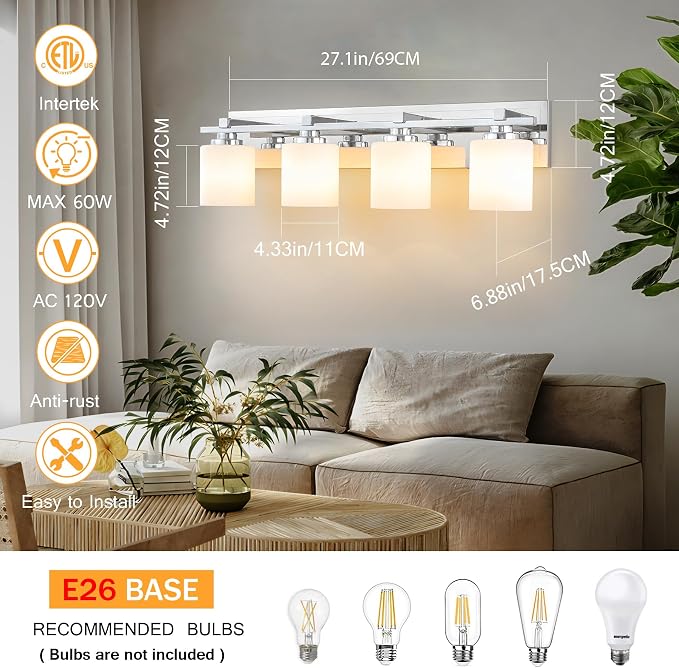 Modern Bathroom Light Fixtures Over Mirror, Vanity Lights for Bathroom Wall Sconces with Milky White Glass Shades, E26 Socket (Bulbs Not Included), 4 Light, Chrome