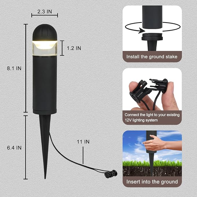 Low Voltage Landscape Lighting, 2W 200LM 12V LED Bollard Lights Outdoor Waterproof with Connectors, Aluminum Housing Driveway Pathway Walkway lights 3000K Warm White, ETL UL CSA Listed, 2 Pack