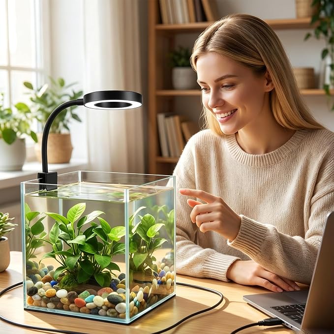 Small Aquarium Light Clip on Fish Tank Light LED USB Full Spectrum Light with Dimmer Multi-Color White+Blue+Red for 1-5 Gal Betta Tank (Adapter NoT Included, No Timer)
