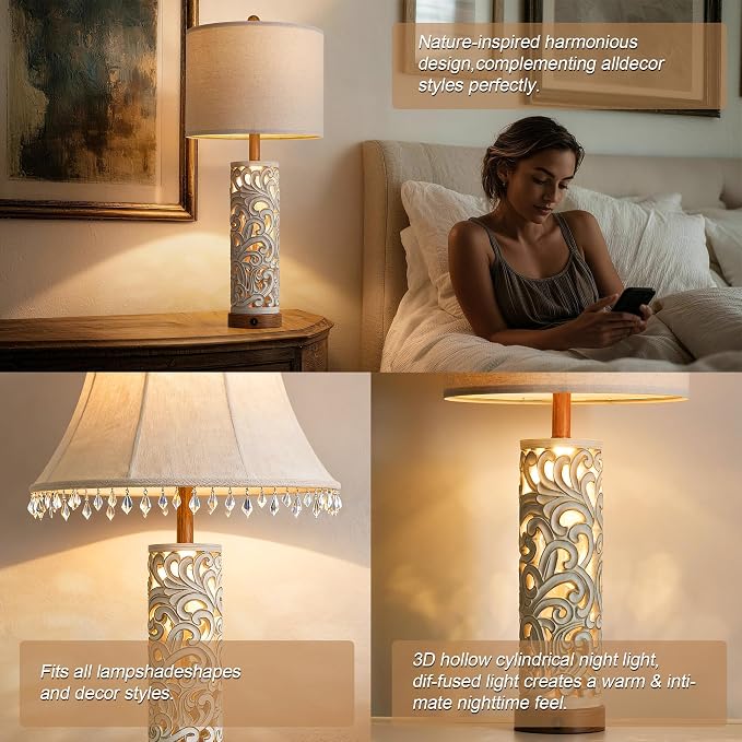 2-in-1 Light Table Lamp Set of 2 for Living Room, 28.5" Farmhouse Bedside Lamps with USB Charging Port, Main&Night Light & Dual Switches, Nightstand Lamp for Bedroom Home Office(Bulb Included)