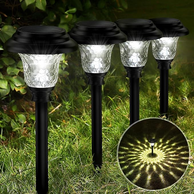 Glass Solar Lights Outdoor waterproof, 8 Pack Super Bright Solar Pathway Lights, Up to 12 Hrs Long Last Auto On/Off Garden Lights Solar Powered, Stainless Steel LED Light For Yard Landscape Cool White
