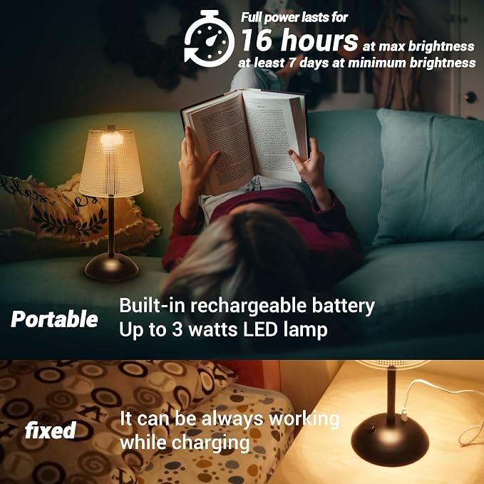 Cordless Table Lamp, 4000mAh Rechargeable Battery Operated Lamp, 3 Color Modes & Stepless Dimmable LED Touch Lamp, Portable Retro Metal Beside Lamps for Home Desk Bedroom Restaurant(Black) | 4000mAh Battery Operated, 3 Color Modes, Dimmable LED Touch B...