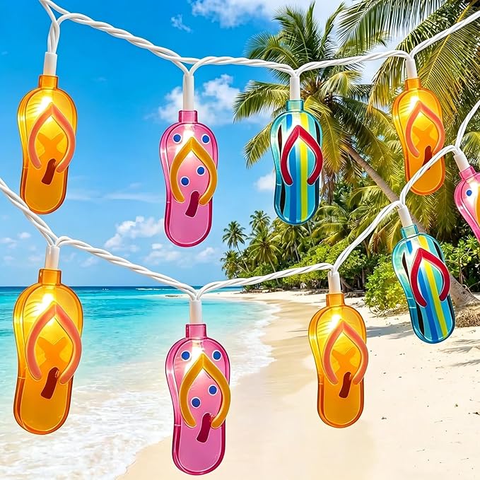 10 LED Tropical Beach Flip Flop Lights, 8.5Ft Slipper Camping String Lights | Plug in, Connectable, 10 Multicolor Hanging Fairy Lights, Summer Hawaiian Decoration for Outside Party Garden Home Decor