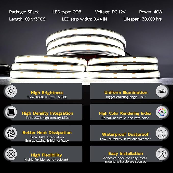 LED Truck Bed Lights, 60 Inches, 3 Pack, COB 2376 LEDs, White 6500K,12V, 41W, IP67, with Switch, 5A Fuse Holder, Easy Install, Ideal for Truck Cargo Lighting, DC5521 Jack