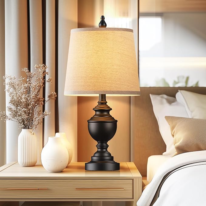 Retro Table Lamps Set of 2, Bedside Lamp for Bedroom Rustic Farmhouse Table Lamps for Living Room, Vintage Nightstand Lamps with White Shades, Matte Black