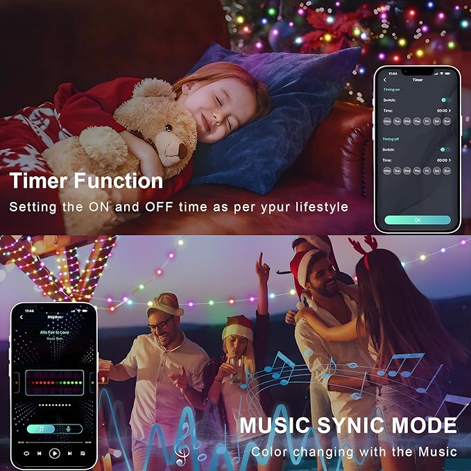 Christmas String Lights Indoor RGB Smart Twinkle Light 32.8Ft 66LEDs with Music Sync RF Remote APP Control, USB Powered Color Change Fairy Lights for Garden Bedroom Party Valentine's Day Decor
