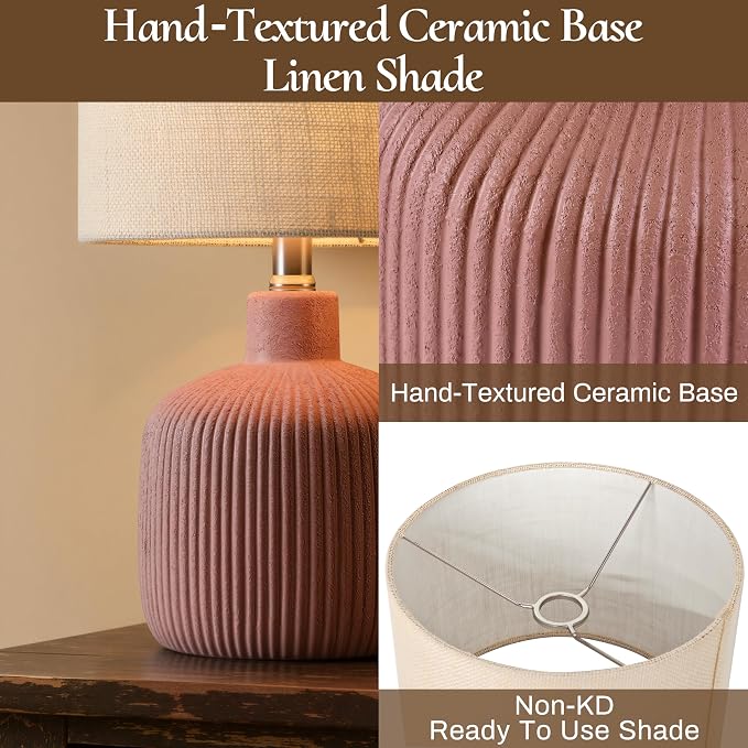 Ceramic Table Lamp, 17.75" Rustic Farmhouse Bedside Lamp with Beige Linen Shade, Warm Ambient Nightstand Lighting for Bedroom or Living Room, Painted Terra