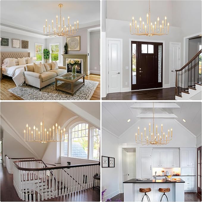 Farmhouse Gold Chandeliers for Dining Room, 16-Light Modern Candle Chandelier Light Fixture, Rustic Industrial Metal Chandeliers for Living Room, Kitchen, Staircase, Entryway, Foyer