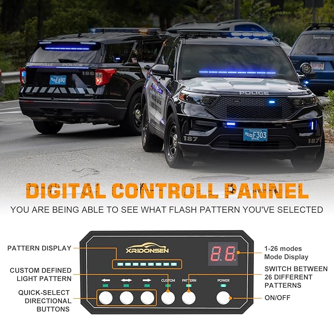 XRIDONSEN 35 inch Traffic Advisor Light Bar 48 LED Blue Emergency Lights Safety Flashing Warning Strobe Lights Front/Rear Window w/Display Controller for Police Firefighter Ambulance Vehicles Trucks