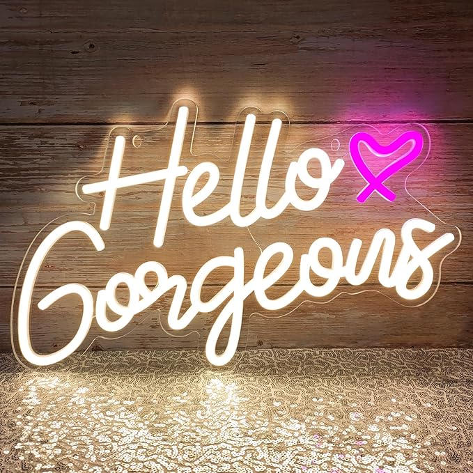 Hello Gorgeous Neon Signs Hello Beautiful LED Neon Lights Dimmable LED Light Sign for Home Wedding Birthday Backdrop Bacelorette Party Decoration, Warm white