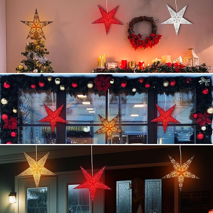 GalaxyArts Paper Star Lantern, 24 Inch Maharani Black 3D Light-Up 5-Point Hanging Lamp, Handcrafted Hollow Out Decoration for Christmas, Weddings, Birthday, Parties, Indoor Outdoor Holiday Home Décor