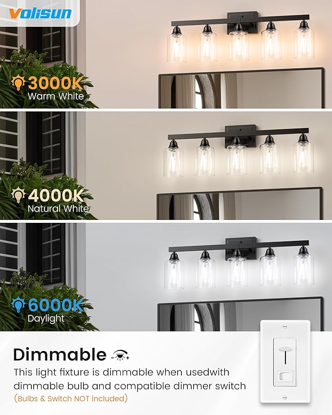 VOLISUN Matte Black Bathroom Light Fixtures, 5-Light Bathroom Vanity Light Over Mirror, Modern Vanity Lights for Bathrooms, Bathrooms Lights Fixtures Over Mirror with Clear Glass Shades