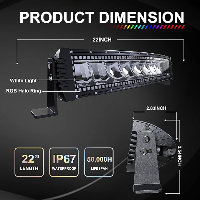 Lpteso RGBW Curved LED Light Bar 22Inch 120W Flood Spot Combo Beam 2PCS 4 Inch 18W Flood RGB LED Pods with 16 Solid Colors Chasing RGB Halo Ring Changing with Strobe Flashing with Rocker Switch Wiring