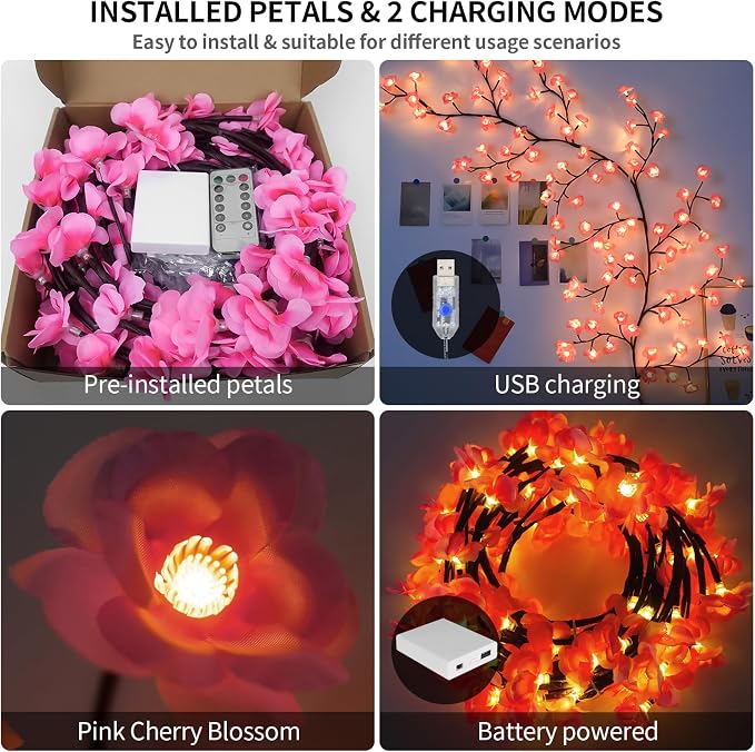 7.55FT 144LED Pink Cherry Blossom Tree Branch Lights for Wall Battery Box | Cherry Enchanted Willow Vine Lights with Remote Timer, 8 Light Model for Bedroom Wall Doors Wedding, Christmas