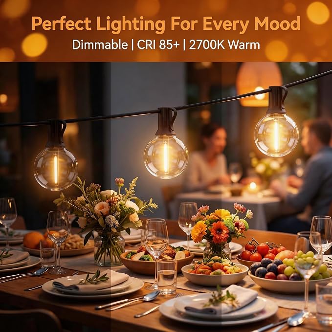 RTTY Outdoor String Lights 25 FT Waterproof, Patio Light 13 G40 LED Bulbs | Shatterproof Dimmable Vintage Edison Bulb, Connectable, Hanging Light For Outside, Balcony, Cafe, Bistro, Porch, Warm White