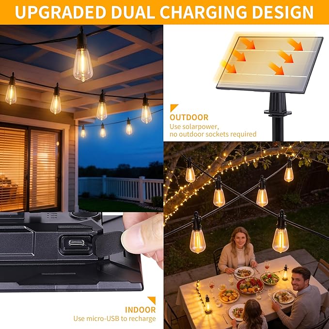 100ft Solar Lights Outdoor String light patio 30+2bulbs Shatterproof, solar String Lights Outdoor Waterproof with Remote ST38 Vintage Edison Bulbs,Waterproof Hanging Lights for Outside Backyard
