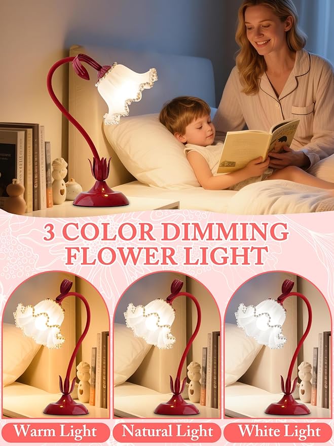 Flower Table Lamp,LED Reading Light Bedside Vintage Flower Night Light,3 Colors Modes Kawaii Bedside Lamps Decor,Living Room Bedroom Room Lighting Table Lamps Home Decoration (Red Pearls)