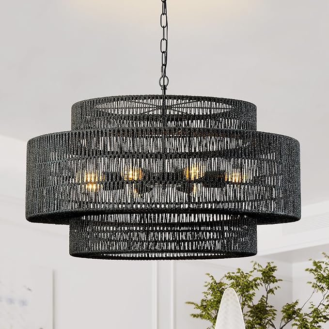 31.5"Large Boho Rattan Farmhouse Chandeliers for Dining Room,8-Light Rattan Hand-Woven Rustic Drum Chandelier Pendant Light Fixture for Kitchen Island Bedroom Living Room Entryway Foyer(Black)