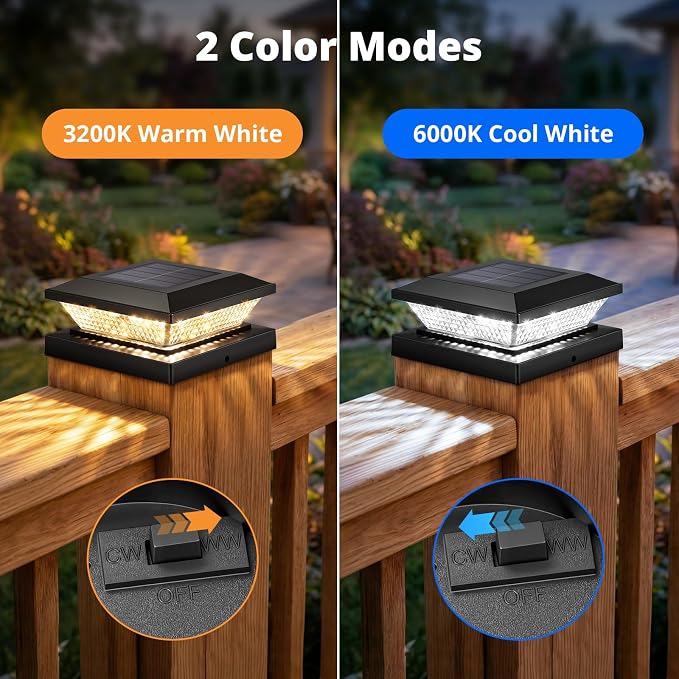 4x4 Solar Post Cap Lights Outdoor 4 Pack, Waterproof Solar Fence Light for Wooden/Vinyl Post, 2 Color Outside Deck Patio Porch Decor, Black