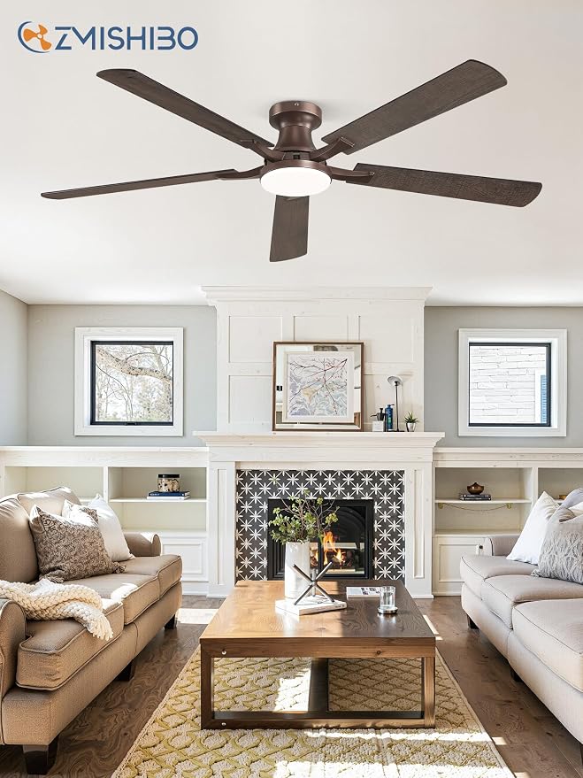 ZMISHIBO 60 Inch Ceiling Fans with Lights, Remote&App Control, Flush Mount | Low Profile, Dimmable 20W LED Light, Quiet Reversible Motor, Strong Airflow, Easy Install for Bedroom/Living Room/Apt, Brown
