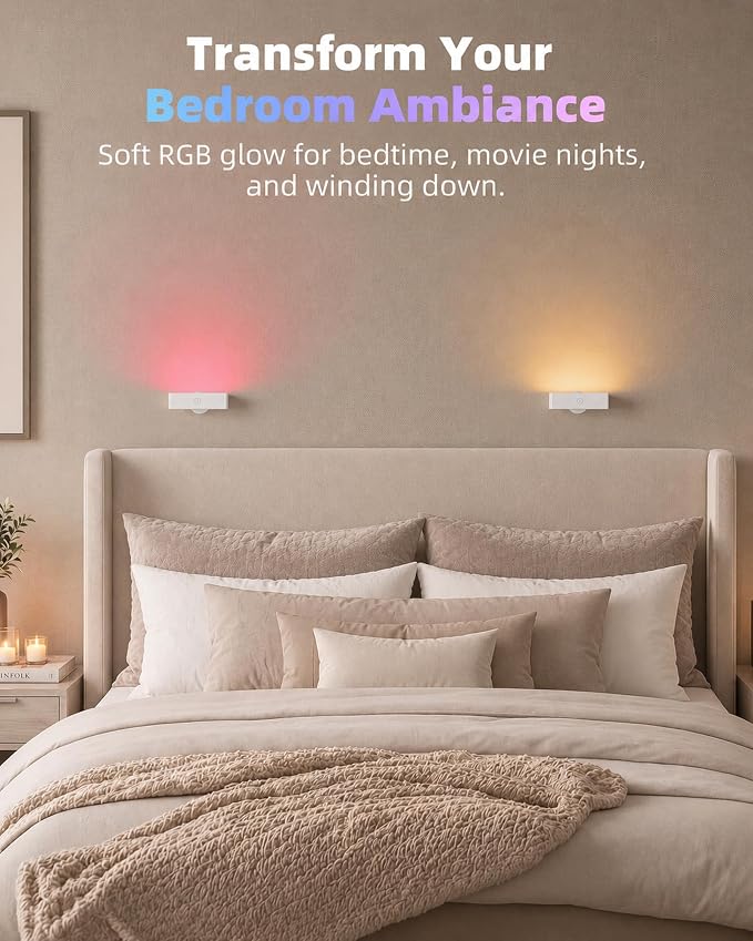 EZVALO Battery Operated Wall Sconce, Rechargeable Magnetic Wall Light with Remote, RGB Mood Lighting & 3 White Tones, Dimmable Wall Lamp for Bedroom, Gaming Room, Apartment Decor