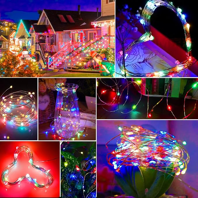 24 Pack Multicolor LED Fairy Lights with Vibrant Red Beads, Battery Operated String Lights, 7 ft 20 LED Waterproof Firefly Lights on Silver Wire for Home Party Wedding Christmas Decorations
