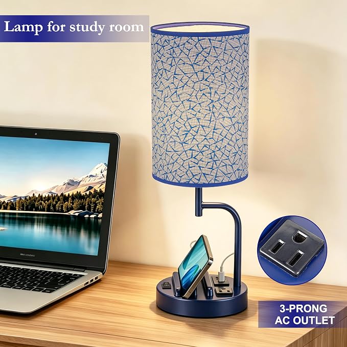 Dreamholder 2 Pack Table Lamp, Bedside Lamp with 3 USB Charging Ports & AC Outlet, USB Desk Lamp with 2 Phone Holders, Linen Fabric Shade Nightstand Lamps for Bedroom Living Room Office, Blue