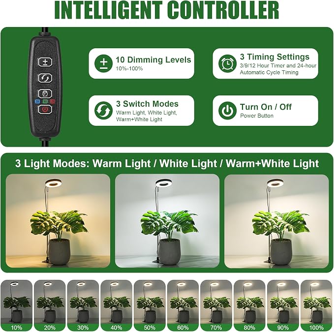Small Halo Grow Light with Base, 48 LED Full Spectrum Indoor Plant Grow Light, Height Adjustable, 3 Spectral Modes, 10 Brightness Levels, Automatic Timer 3/9/12 Hours, Black