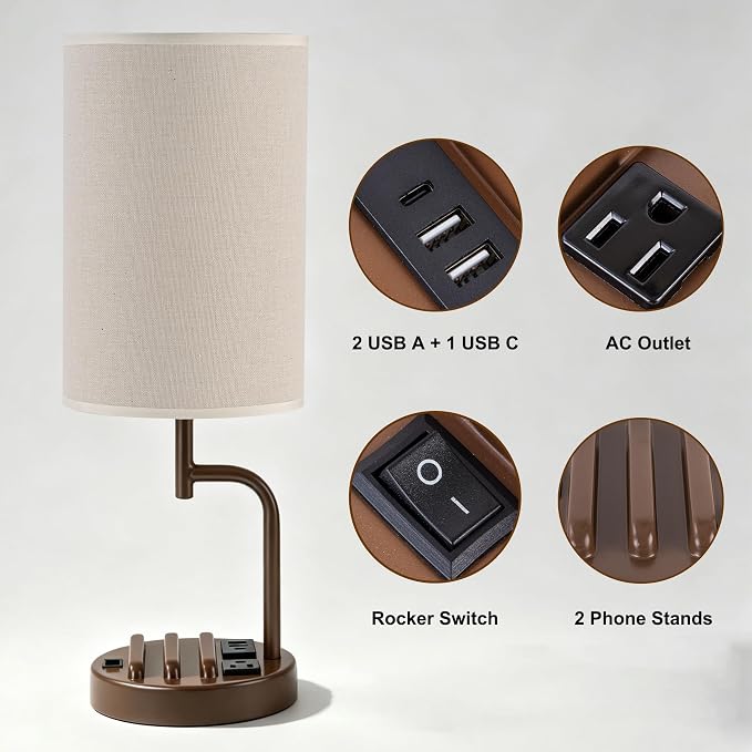 Dreamholder 2 Pack Table Lamp, Bedside Lamp with 3 USB Charging Ports & AC Outlet, USB Desk Lamp with 2 Phone Holders, Linen Fabric Shade Nightstand Lamps for Bedroom Living Room Office, Coffee Brown