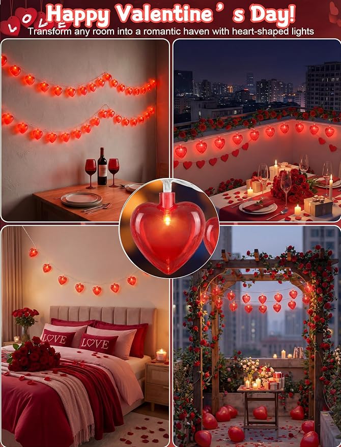 8.5Ft Heart String Lights, Valentines Day Decorations Lights with 10 Red Heart Lights, Plug in Fairy Heart Shape String Lights for Window Wedding Anniversary Bedroom Party Valentine's Day Decorations