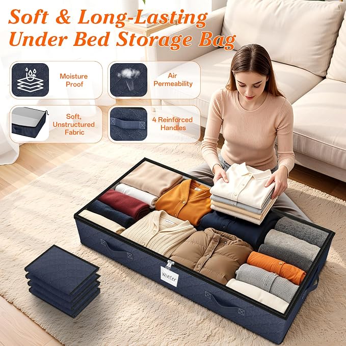90L Under Bed Storage Containers, Storage Bags, Organizers, 6-Pack, Blue | Foldable, Soft Fabric, Closet Organizers, Reinforced Handle, Label Holder, Clear Window, for Comforters, Clothing, Blankets