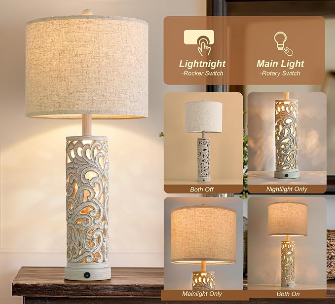 2-in-1 Light Table Lamp Set of 2 for Living Room, 28.5" Farmhouse Bedside Lamps with USB Charging Port, Main&Night Light & Dual Switches, Nightstand Lamp for Bedroom Home Office(Bulb Included)
