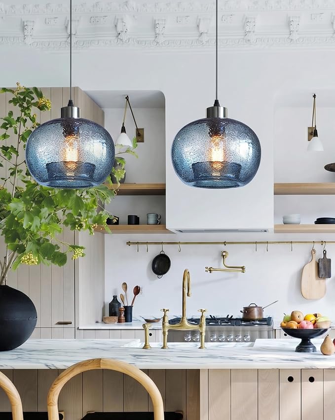 Glass Pendant Lights Kitchen Island, Marble Blue 8.7 Inch 2 Pack | Hand Blown Glass Ceiling Hanging Modern DiningTable,Adjustable Cord Brushed Nickel ETL Certification