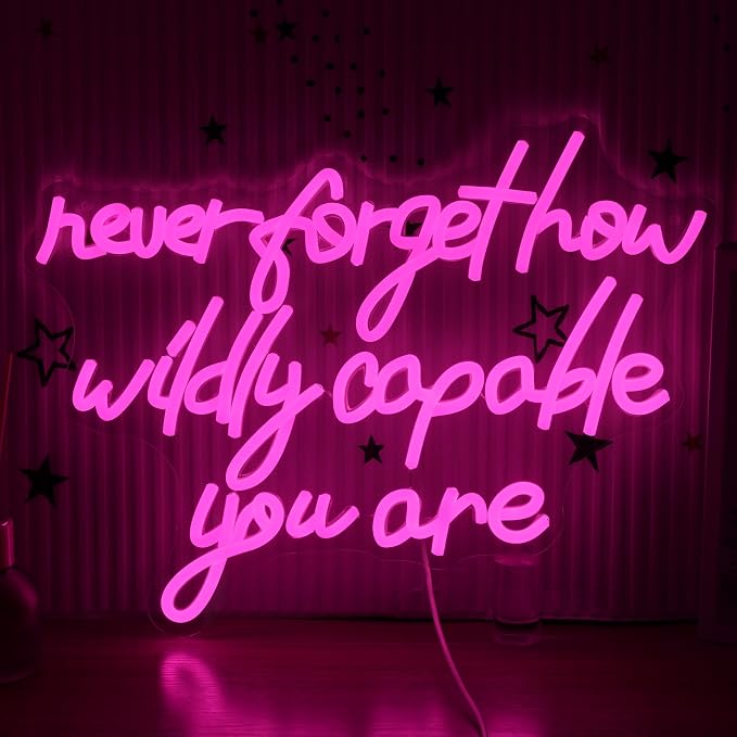 Never Forget How Wildly Capable You Are Neon Sign Dimmable Inspirational Letter Neon Light USB Powered Motivational Led Light Sign for Man Cave Bar Office Decoration (16.54 * 12.6)