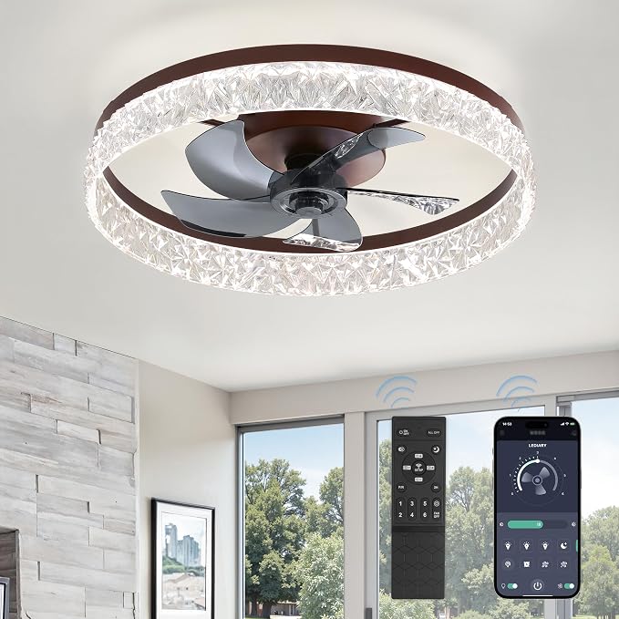 LEDIARY 22" Ceiling Fans with Lights and Remote, Fandelier Brown | 3CCT, 6 Speeds, Dimmable Low Profile, Flush Mount Ceiling Fan, Timer, Reversible, Memory, Bedroom, Living Room, Kitchen