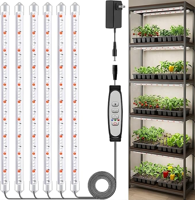 16'' 6 Bars Grow Light Strips for Indoor Plants with Auto ON/Off Timer 6/12/18H, 5 Dimmable Levels for Shelves Plant Growing(Pack 1)