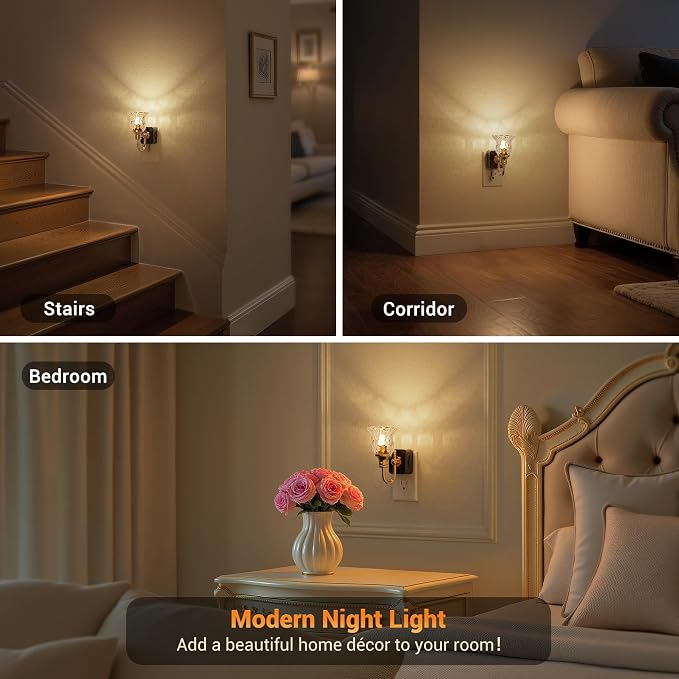 JandCase Night Light, Floral Night Lights Plug into Wall, Glass Nightlight | 0-100LM Dimmable Flower LED Nightlights with Light Sensor, 1W Vintage Nite Light for Bathroom Hallway Gift Vanity Decor