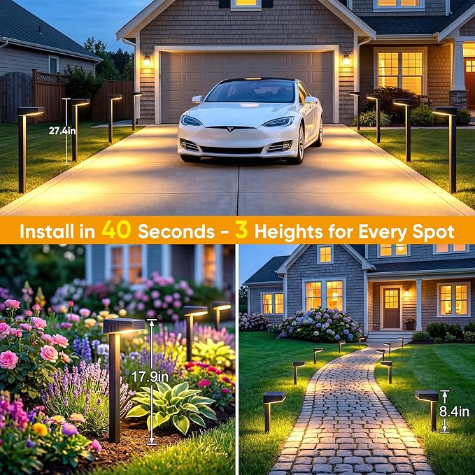 Solar Pathway Lights Outdoor: 8 Pack 80LM Bright Walkway Lighting | 27.4-in Max Height with 3 Adjustable Levels - IP65 Waterproof 12H Lasting - 2700K Warm White 2 Modes Garden Driveway Clearly