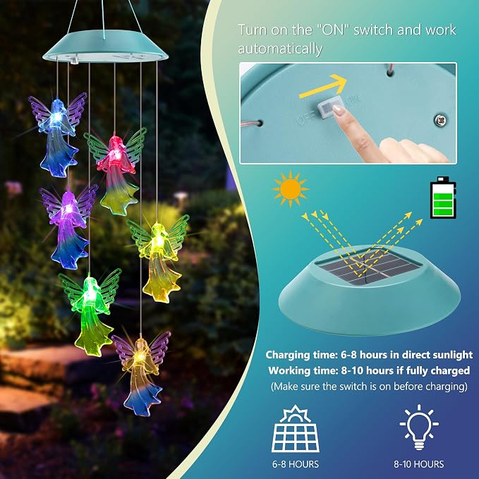 Toodour Solar Wind Chimes, Color Changing Angel Wind Chimes | LED Decorative Mobile, Gifts for Mom Grandma, Waterproof Outdoor Decorative Lights for Garden Patio Yard Window Outdoor Decor