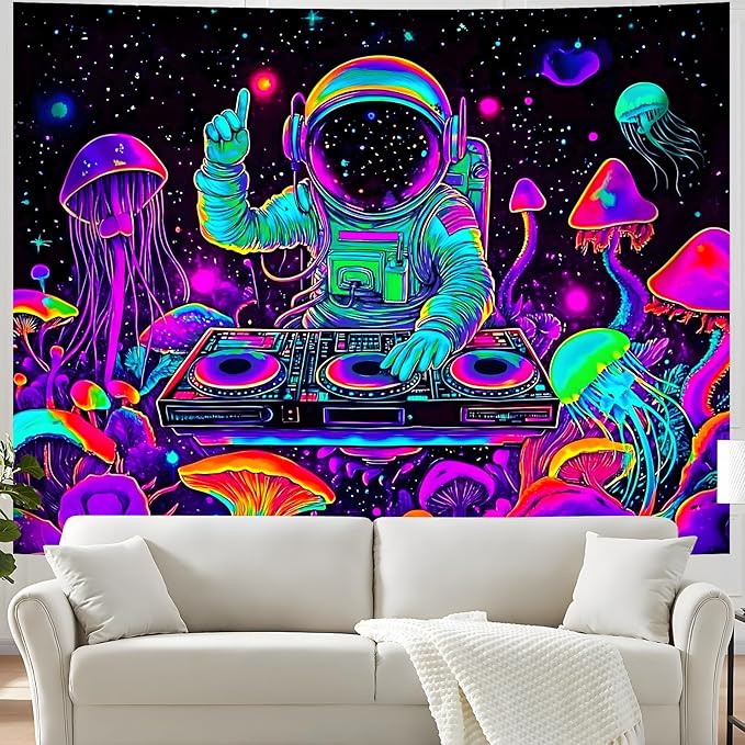BVBOX Blacklight Space Astronaut Tapestry UV Reactive Galaxy Planet Glow in Dark Tapestries Black Light Poster Neon Wall Hanging Art for bedroom Living Room (Astronaut DJ 1-1M)