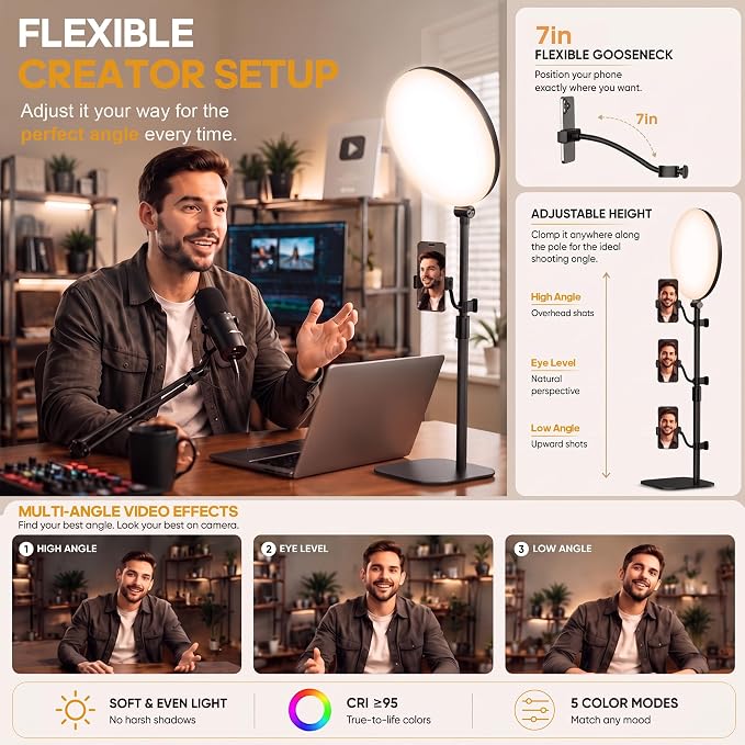 10" Full-Panel Desk Ring Light with Stand & Flexible Phone Holder, 24W 1100LM Light for Video Recording, 5 Color Modes up to 6500K, CRI 95+ for Computer, Podcast, Streaming, Zoom & Video Calls