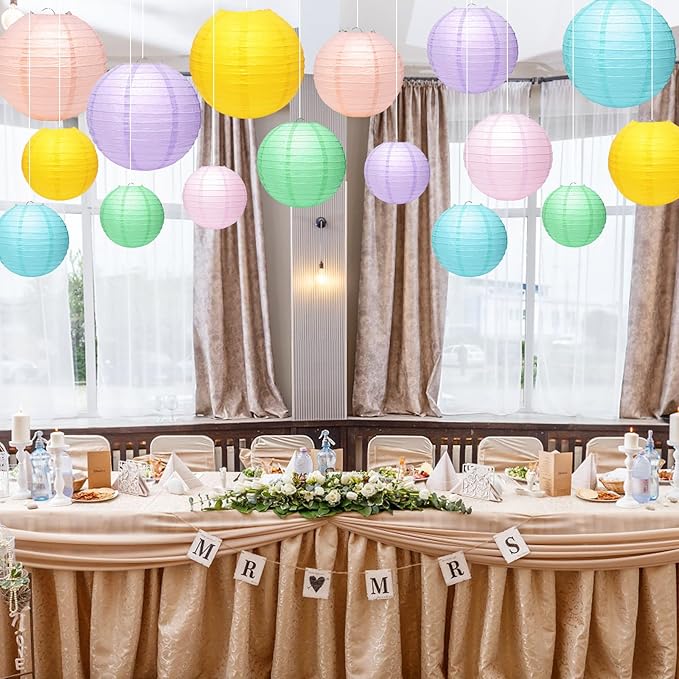 21 Pcs Pastel Neon Hanging Paper Lanterns - Colorful Party Decor in 8 Macaron-Colored Shades - 4 Sizes (4/6/8/10 Inch) for Baby Shower, Classroom, Wedding, Birthday Decorations
