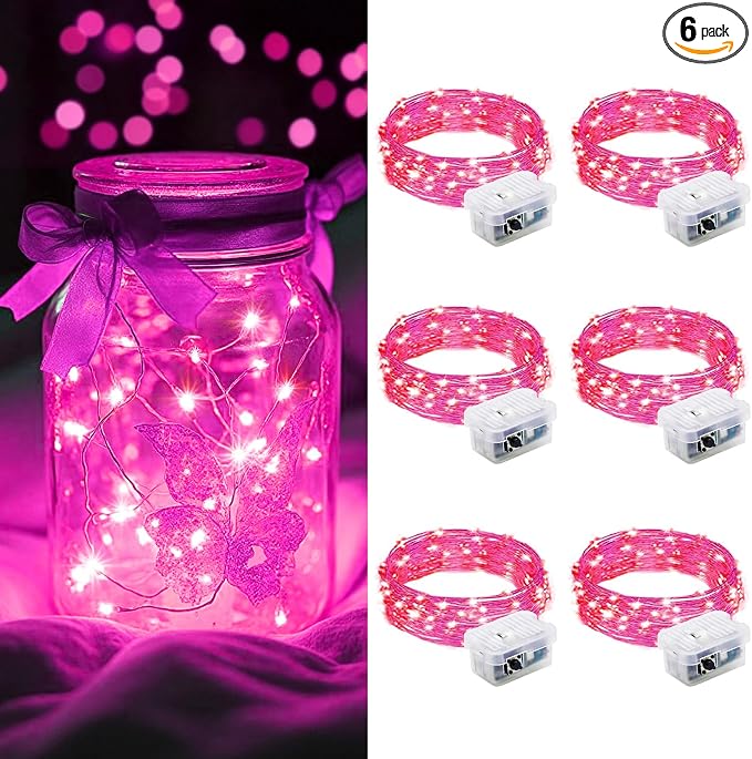 AIKEI 6 Pack LED Fairy Lights Battery Operated, Mini String Lights Waterproof 7ft 20 Led Firefly Starry Lights for Wedding Party Bedroom Valentine's Day Birthday Christmas Decoration, Pink